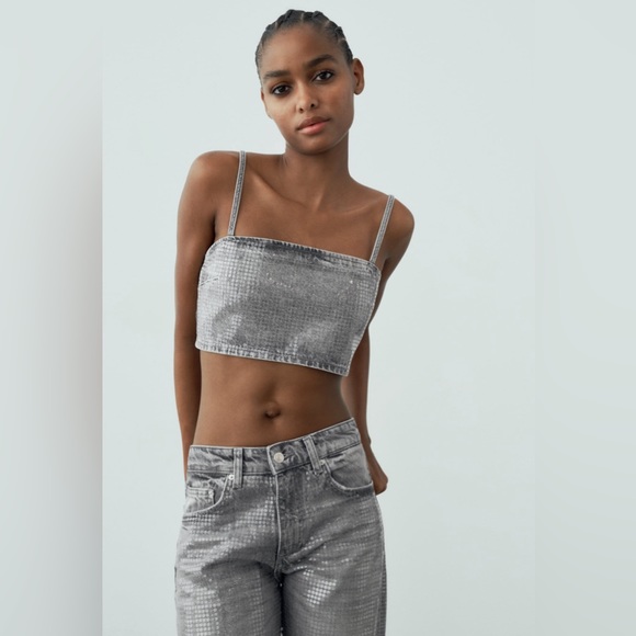 NWT ZARA TRE DENIM CROP FOIL SEQUIN TOP - Picture 1 of 8